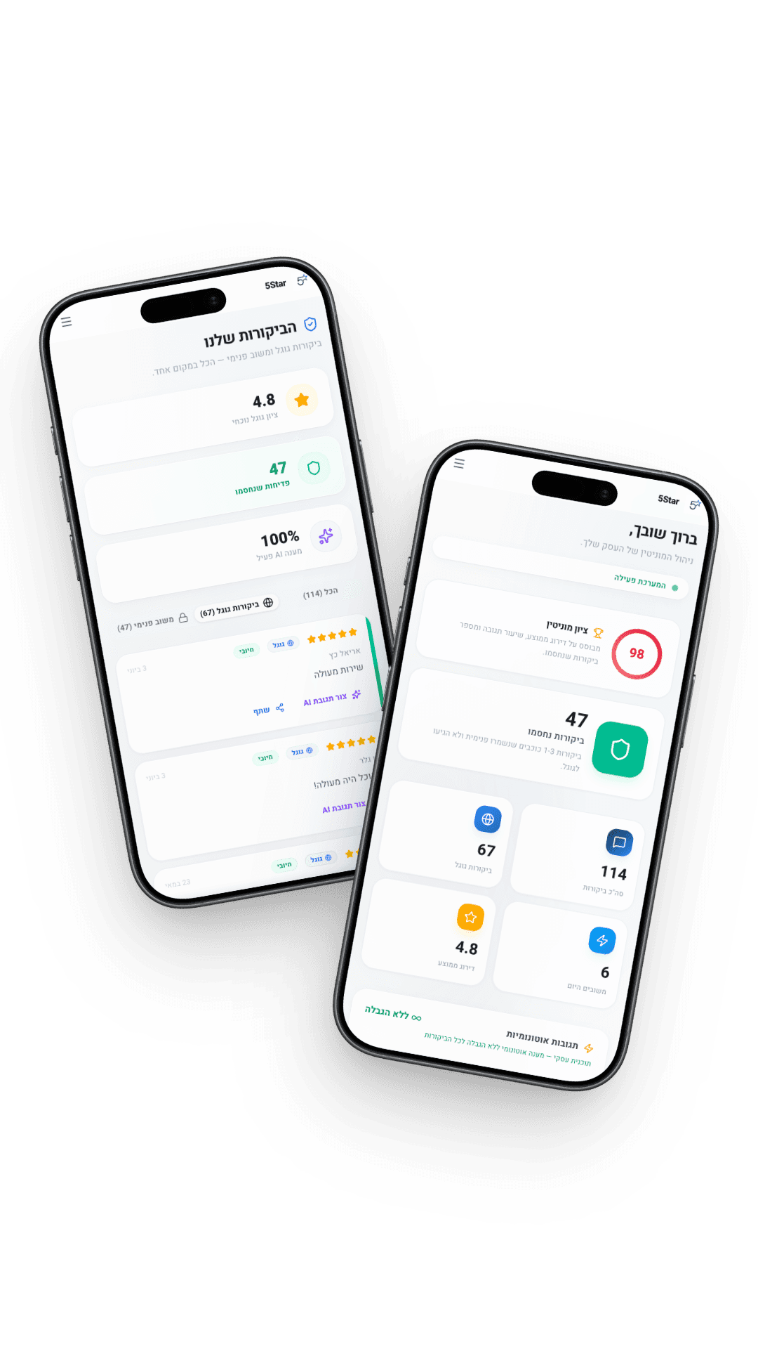 דשבורד 5STAR ומענה AI - ניהול ביקורות ומוניטין לעסקים